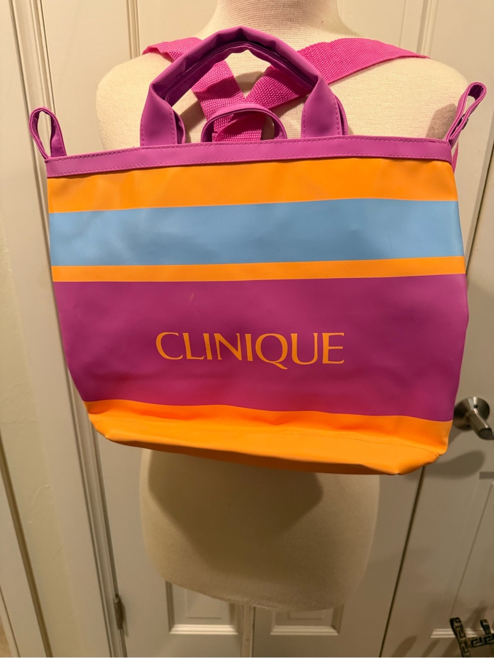 New Clinique Pink Purple and Orange Striped Tote Bag Backpack